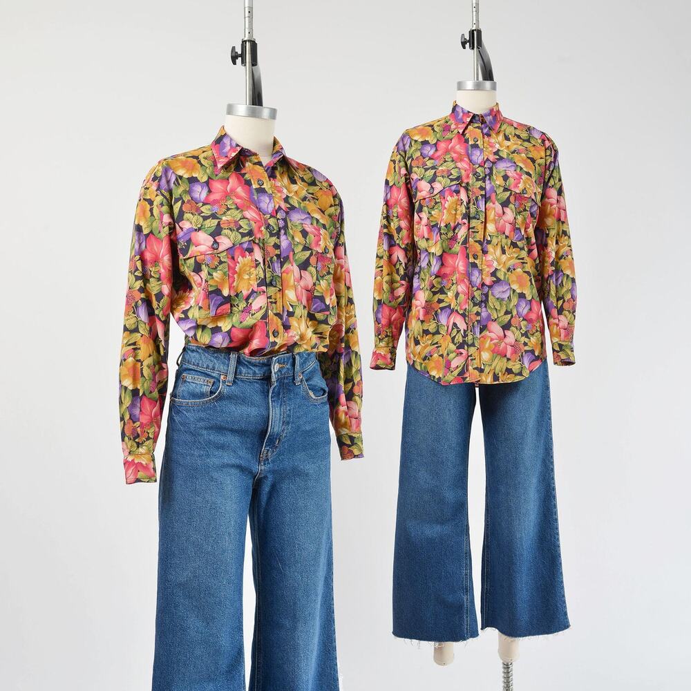 Vintage 80s Abercrombie & Fitch Shirt Floral Cotton Collared Relaxed Blouse XS S
